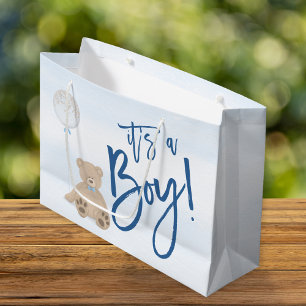 Sacola Para Presentes Grande Chá de fraldas de Balão Azul do Urso Teddy