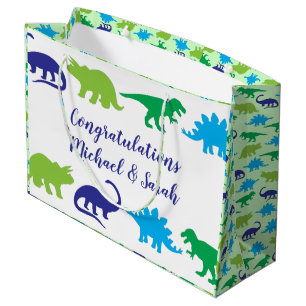 Sacola Para Presentes Grande Chá de fraldas de Dinossauro Gelado Azul e Verde