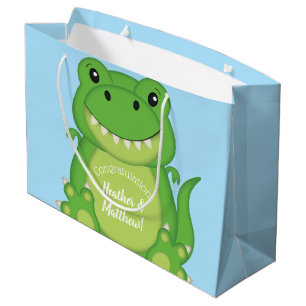 Sacola Para Presentes Grande Chá de fraldas de Dinossauro T-Rex Azul