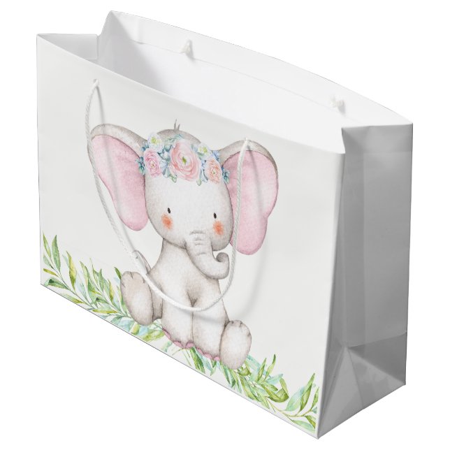 Sacola Para Presentes Grande Chá de fraldas de Elefante para Bebê Menina Bonita (Verso inclinado)