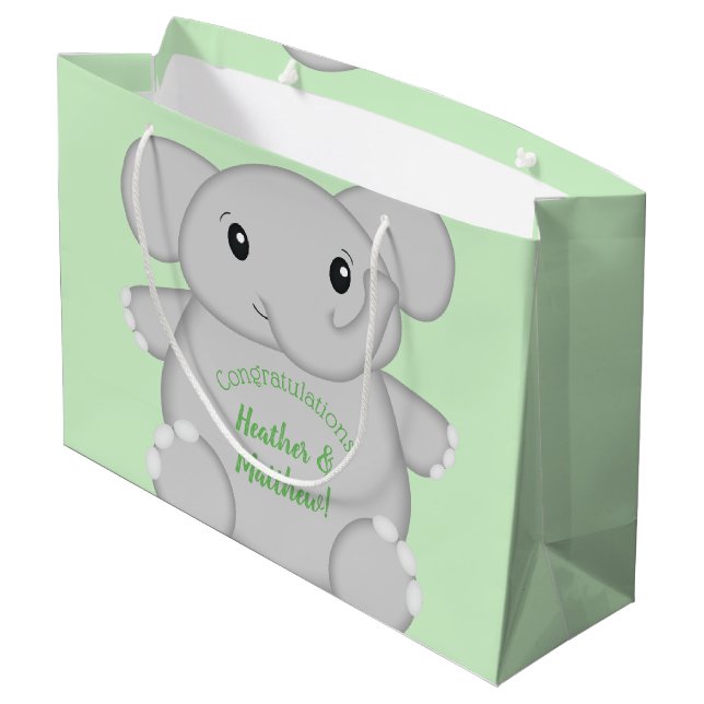 Sacola Para Presentes Grande Chá de fraldas de Elefante Verde (Verso inclinado)
