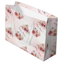 Sacola Para Presentes Grande Chá de fraldas de Grama de Abóbora Rosa Pampas Pam