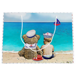 Sacola Para Presentes Grande Chá de fraldas de Lil' Sailor Náutico Themed Boy