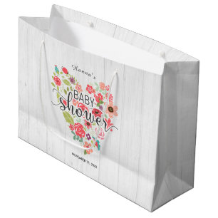 Sacola Para Presentes Grande Chá de fraldas de Mata Branca e Coração Floral Ros