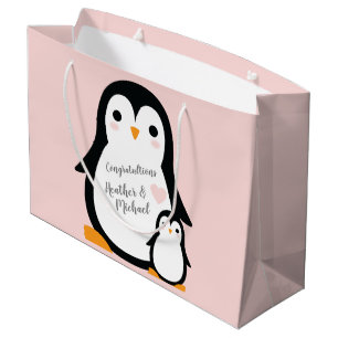Sacola Para Presentes Grande Chá de fraldas de pinguim bonito, garoto azul
