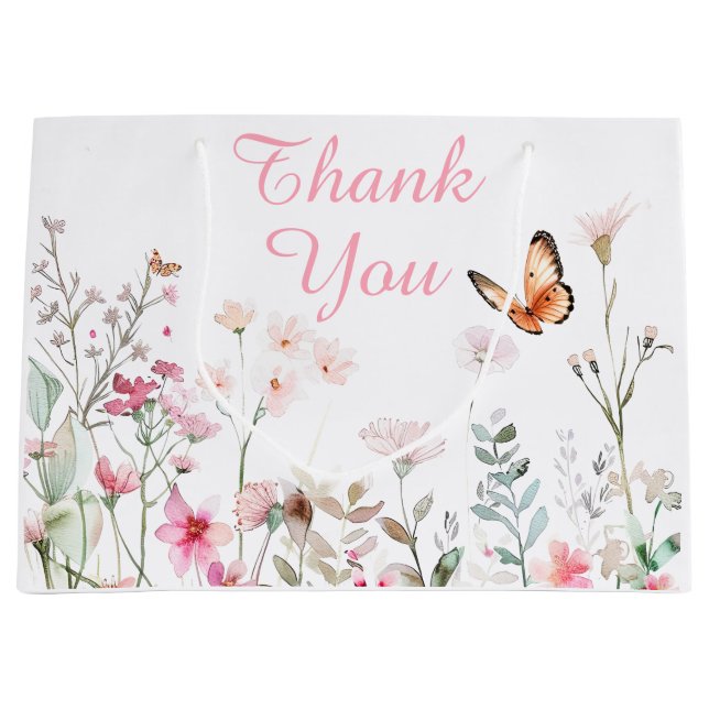 Sacola Para Presentes Grande Chá de fraldas Floral da Borboleta Rosa primavera (Frente)