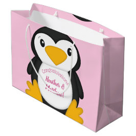 Sacola Para Presentes Grande Chá de fraldas pinguim rosa