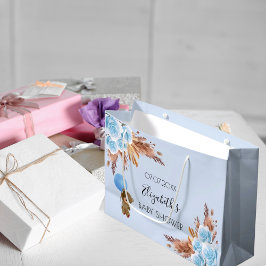 Sacola Para Presentes Grande Chá de fraldas ursinho floral pampas capim azul