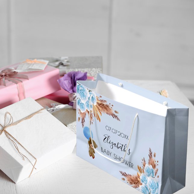 Sacola Para Presentes Grande Chá de fraldas ursinho floral pampas capim azul (Criador carregado)