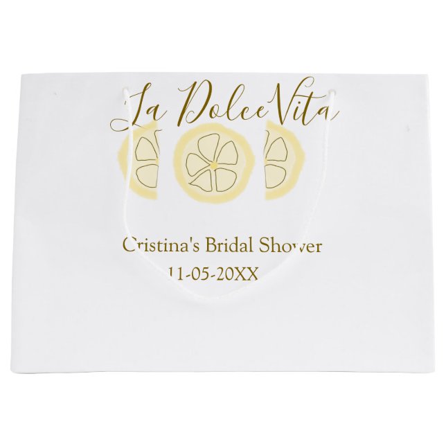 Sacola Para Presentes Grande Chá de noiva amarelo limão La Dolce Vita pastel bo (Frente)