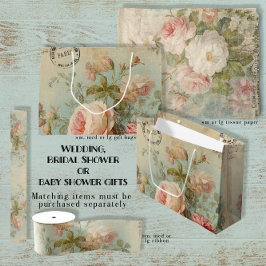 Sacola Para Presentes Grande Chá de Noiva Flor de Rosa Francês Antigo Rosa Azul