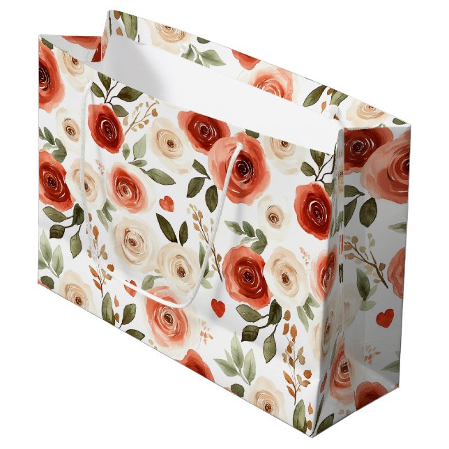 Sacola Para Presentes Grande Chá de panela de Creme Vermelho e Flores (Frente inclinada)