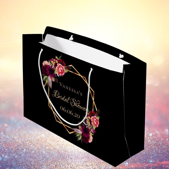 Sacola Para Presentes Grande Chá de Panela flores pretas bordô (Criador carregado)