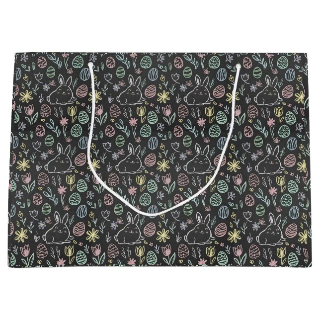 Sacola Para Presentes Grande Chalkboard Easter Bunny Doodle Pattern Wrapping  (Frente)