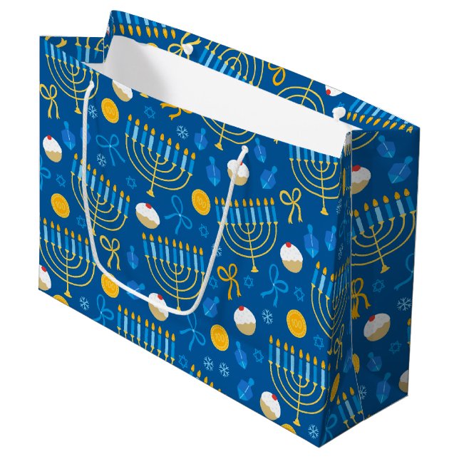 Sacola Para Presentes Grande Chanukah Menorah Gelt Dreidel Blue (Frente inclinada)