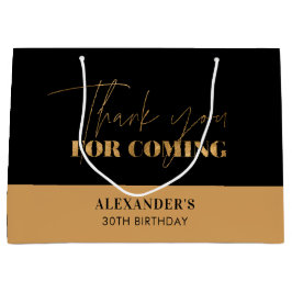 Sacola Para Presentes Grande Chic Black and Dourado Script Birthday Obrigado