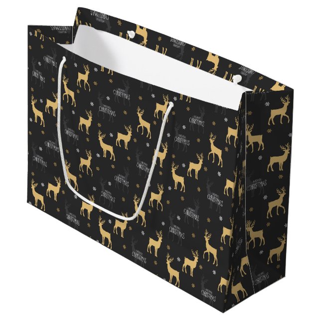 Sacola Para Presentes Grande Chic Black Dourado Reindeer Feliz Natal (Frente inclinada)