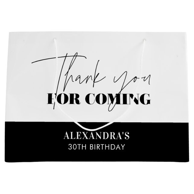 Sacola Para Presentes Grande Chic Preto Branco Script Aniversário Obrigado (Frente)