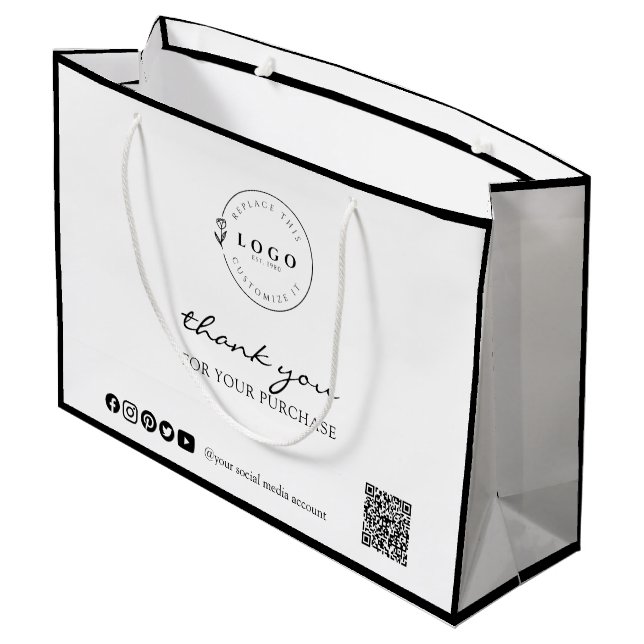 Sacola Para Presentes Grande Chic Preto e Branco Obrigado pela Compra (Verso inclinado)