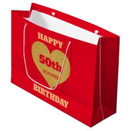 Sacola Para Presentes Grande Chic Red & Dourado Glitter Heart Happy 50º anivers