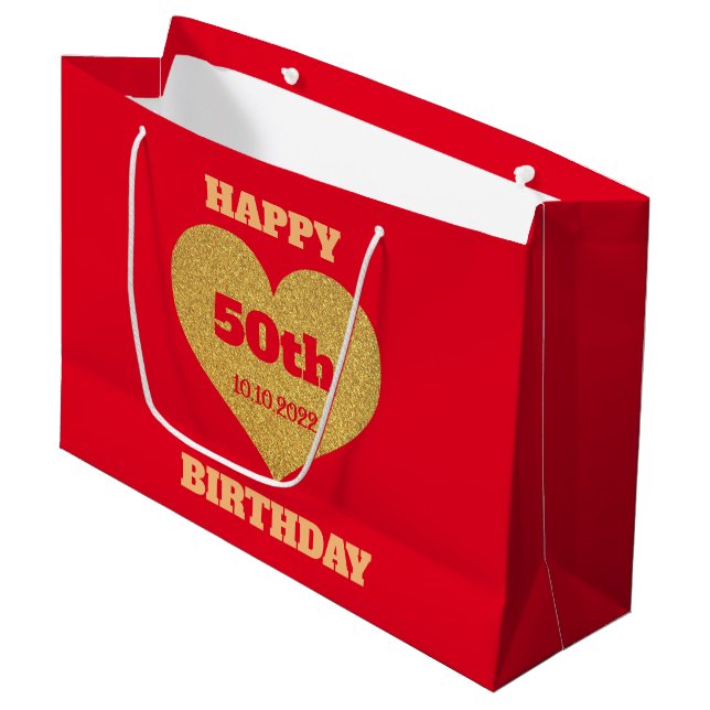 Sacola Para Presentes Grande Chic Red & Dourado Glitter Heart Happy 50º anivers (Frente inclinada)