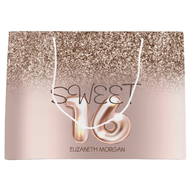 Sacola Para Presentes Grande Chic Rosa Dourado Glitter Ombre Sweet 16 (Frente)