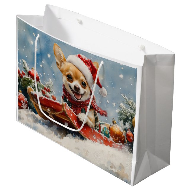Sacola Para Presentes Grande Chihuahua Dog Sledge Deixe-o nevar no Natal (Frente inclinada)