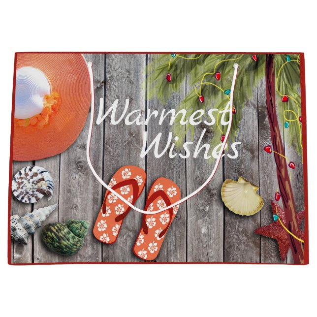 Sacola Para Presentes Grande Chinelos na Palm Tree com Luzes de Natal Beach (Frente)