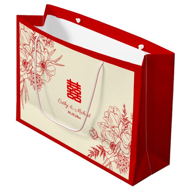 Sacola Para Presentes Grande Chinês, vermelho-cervo-verde-floral (Frente inclinada)