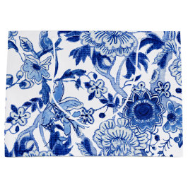 Sacola Para Presentes Grande Chinoiserie Bird Floral Blue Chá de panela Branco
