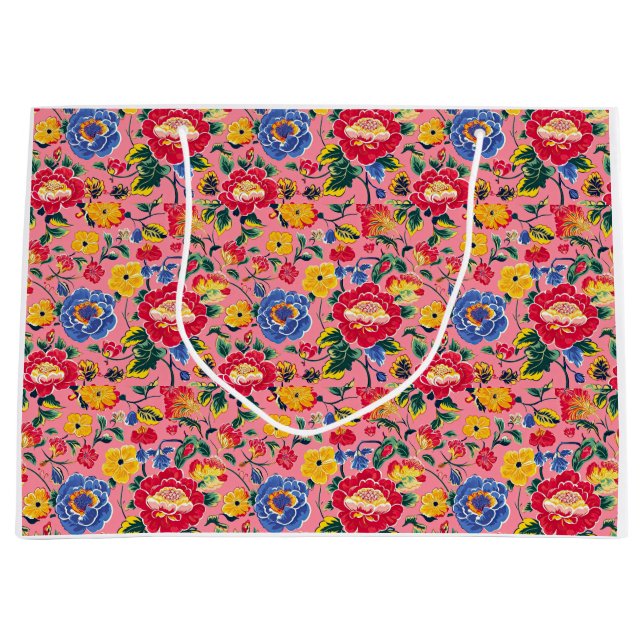 Sacola Para Presentes Grande Chinoiserie Floral Rosa Brilhante (Frente)
