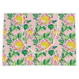Sacola Para Presentes Grande Chinoiserie rosa e amarela Floral