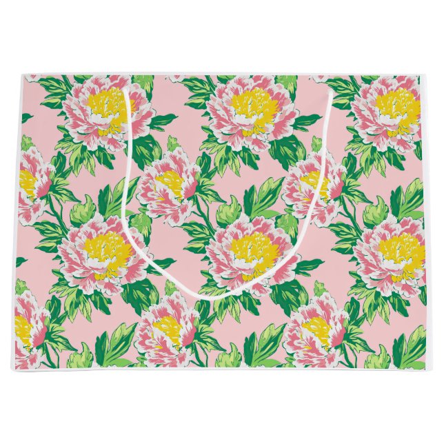 Sacola Para Presentes Grande Chinoiserie rosa e amarela Floral (Frente)