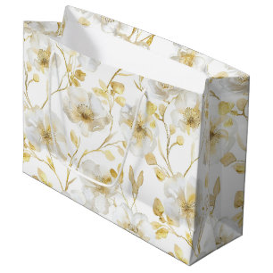 Sacola Para Presentes Grande Chique Romântico Dourado Branco Floral Chá de Noiv
