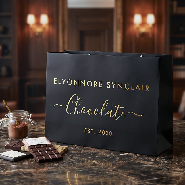 Sacola Para Presentes Grande Chocolate de Script Dourado Preto Elegante (Criador carregado)