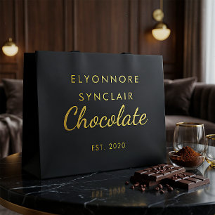 Sacola Para Presentes Grande Chocolate de Script Preto Elegante Dourado