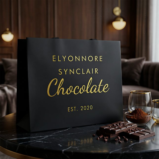Sacola Para Presentes Grande Chocolate de Script Preto Elegante Dourado (Criador carregado)