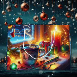 Sacola Para Presentes Grande Chocolate quente na janela de Natal