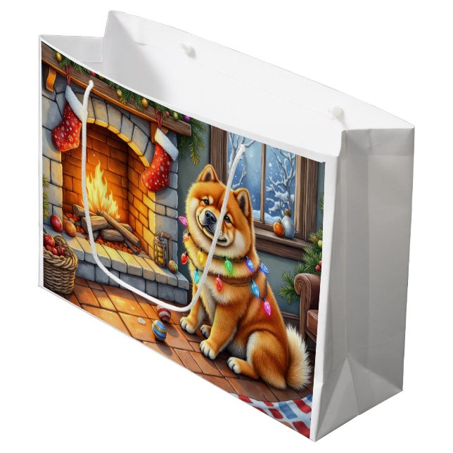 Sacola Para Presentes Grande Chow Chow Sitting Fireplace with Christmas Lights (Frente inclinada)