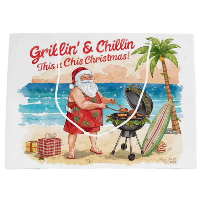 Sacola Para Presentes Grande Christmas BBQ Santa at the Beach Florida  (Frente)
