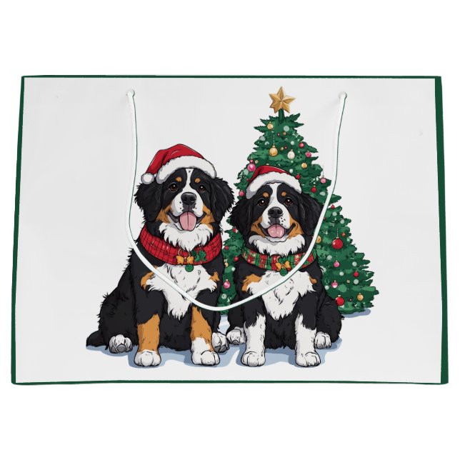 Sacola Para Presentes Grande Christmas Bernese Mountain Dogs (Frente)