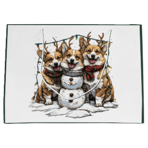 Sacola Para Presentes Grande Christmas Corgi Dogs Snowman