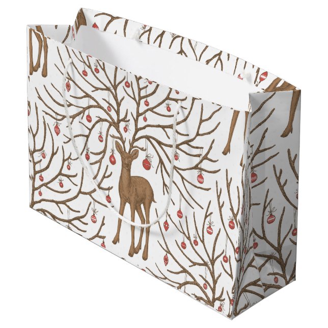 Sacola Para Presentes Grande Christmas deer on white (Verso inclinado)