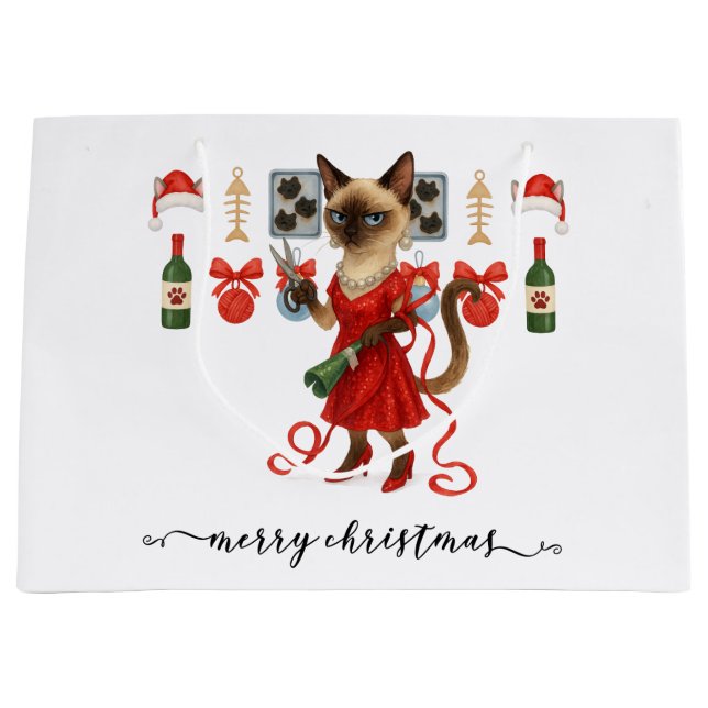 Sacola Para Presentes Grande Christmas Funny Glam Siamese Cat Holiday  (Frente)