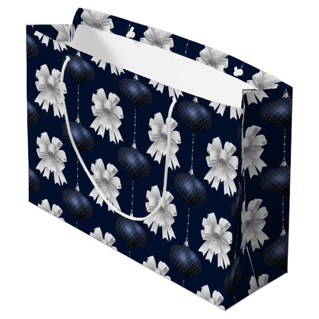 Sacola Para Presentes Grande Christmas Navy Bow Velvet Pattern (Verso inclinado)