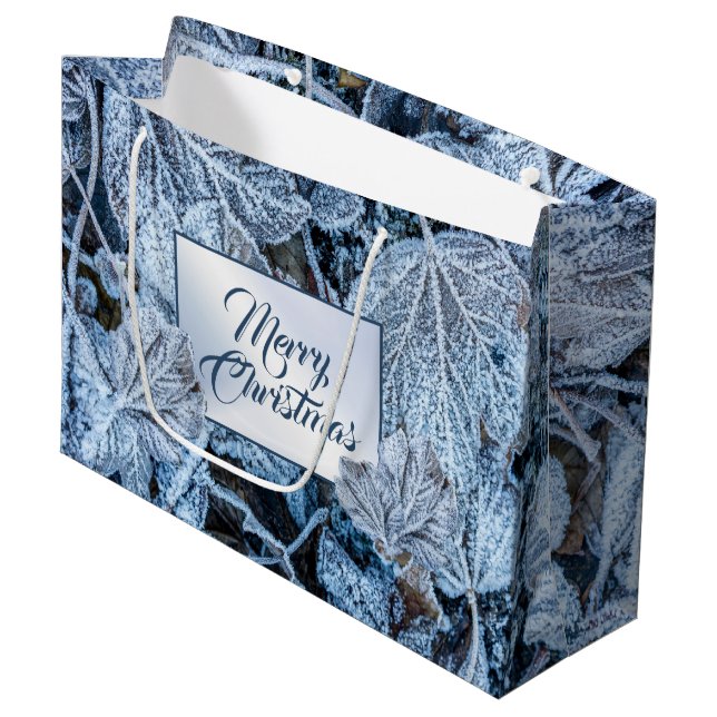Sacola Para Presentes Grande Christmas Party Blue Leaves Snow Winter Holidays (Frente inclinada)