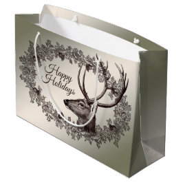 Sacola Para Presentes Grande Christmas Party Floral Reindeer Golden Winter