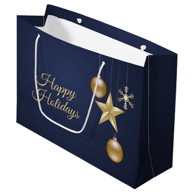 Sacola Para Presentes Grande Christmas Party Golden Ornament Navy Blue Elegant (Frente inclinada)