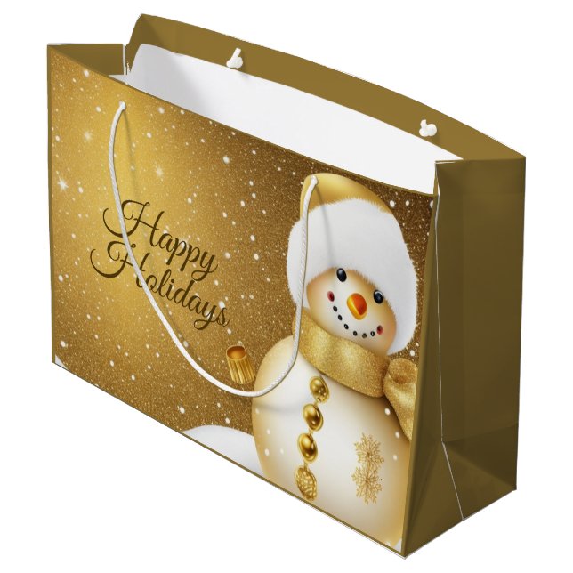 Sacola Para Presentes Grande Christmas Party Golden Snowman Snowflakes Holidays (Verso inclinado)