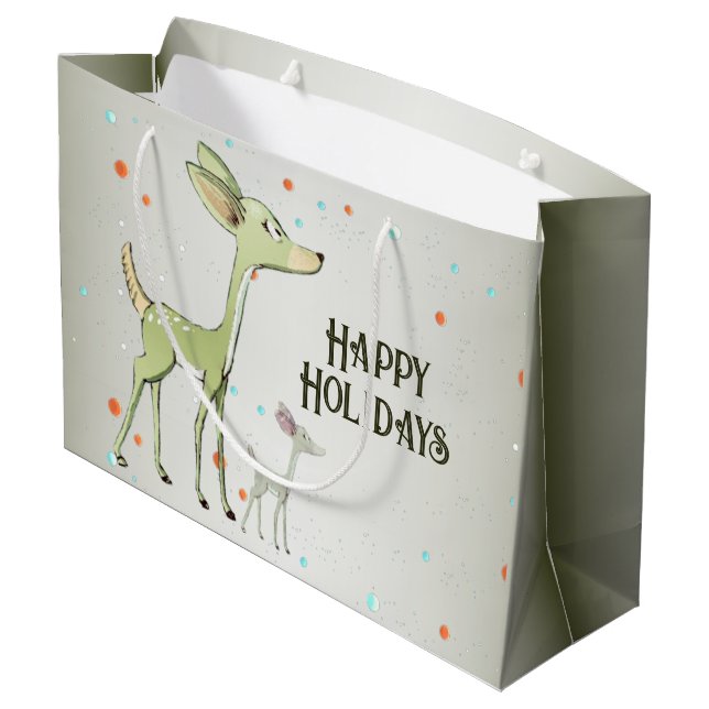 Sacola Para Presentes Grande Christmas Party Green Deers Holidays Cute (Verso inclinado)